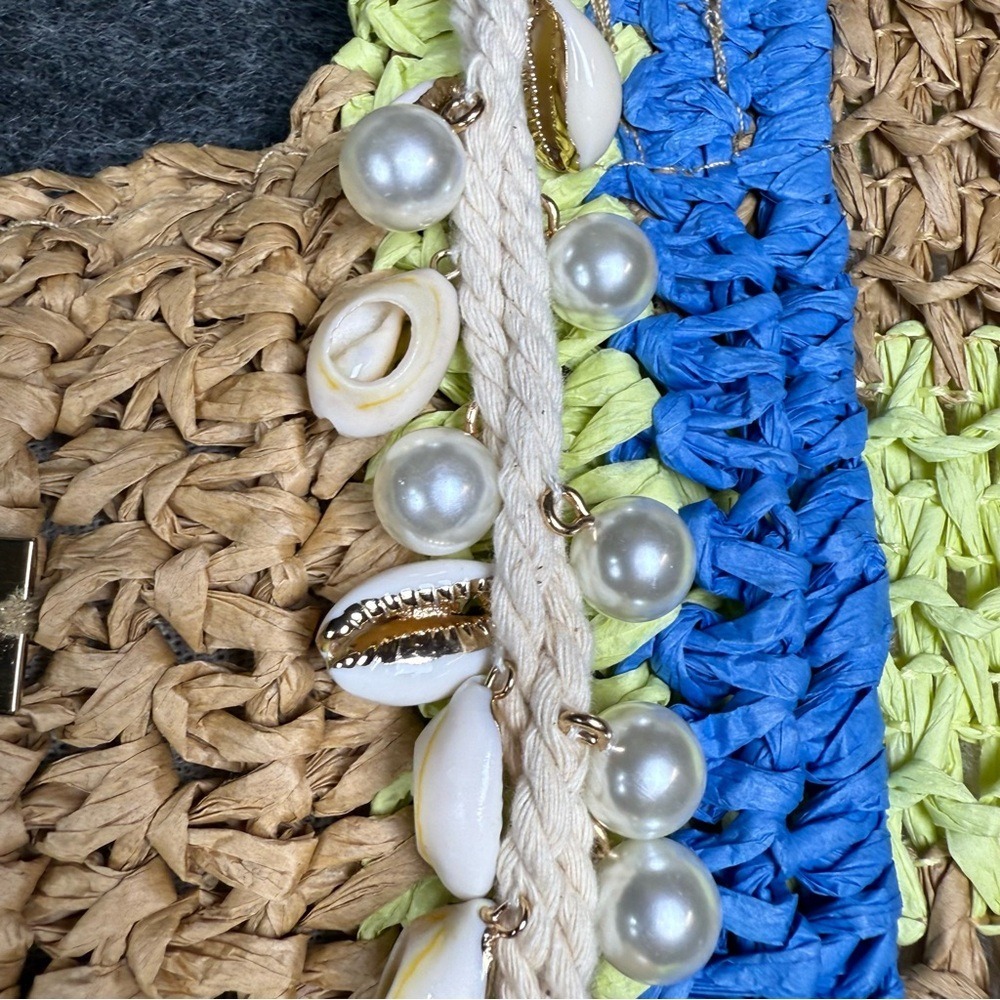 Shore Thing Woven Straw Beach Tote Bag‎ Striped Blue Lime Green Shell Tassel - Picture 5 of 12